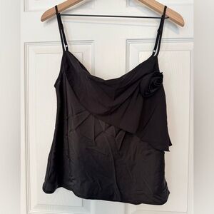 Know One Cares Asymmetric Rosette Camisole in black Satin Nordstroms NWT size S